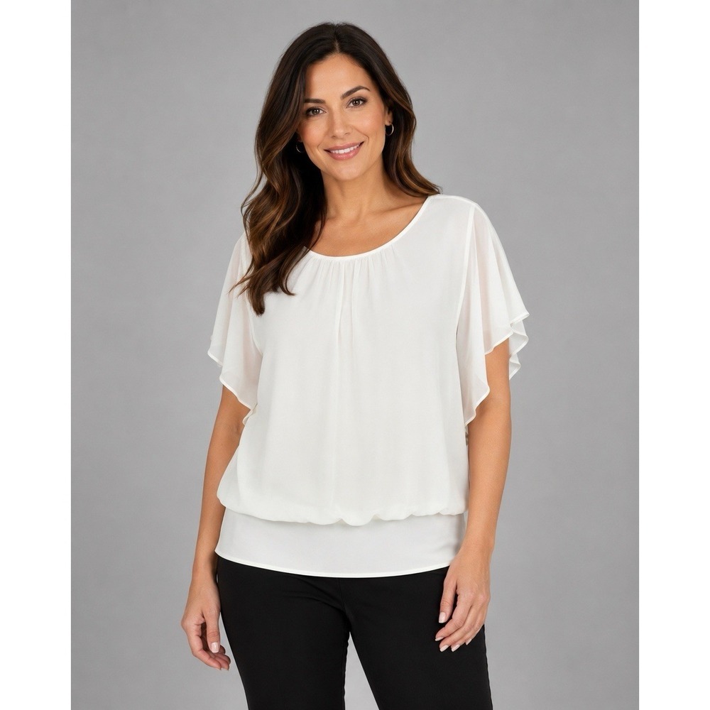 JM Collection Ivory Blouse Large Chiffon Layered Flutter Sleeve Career Top L